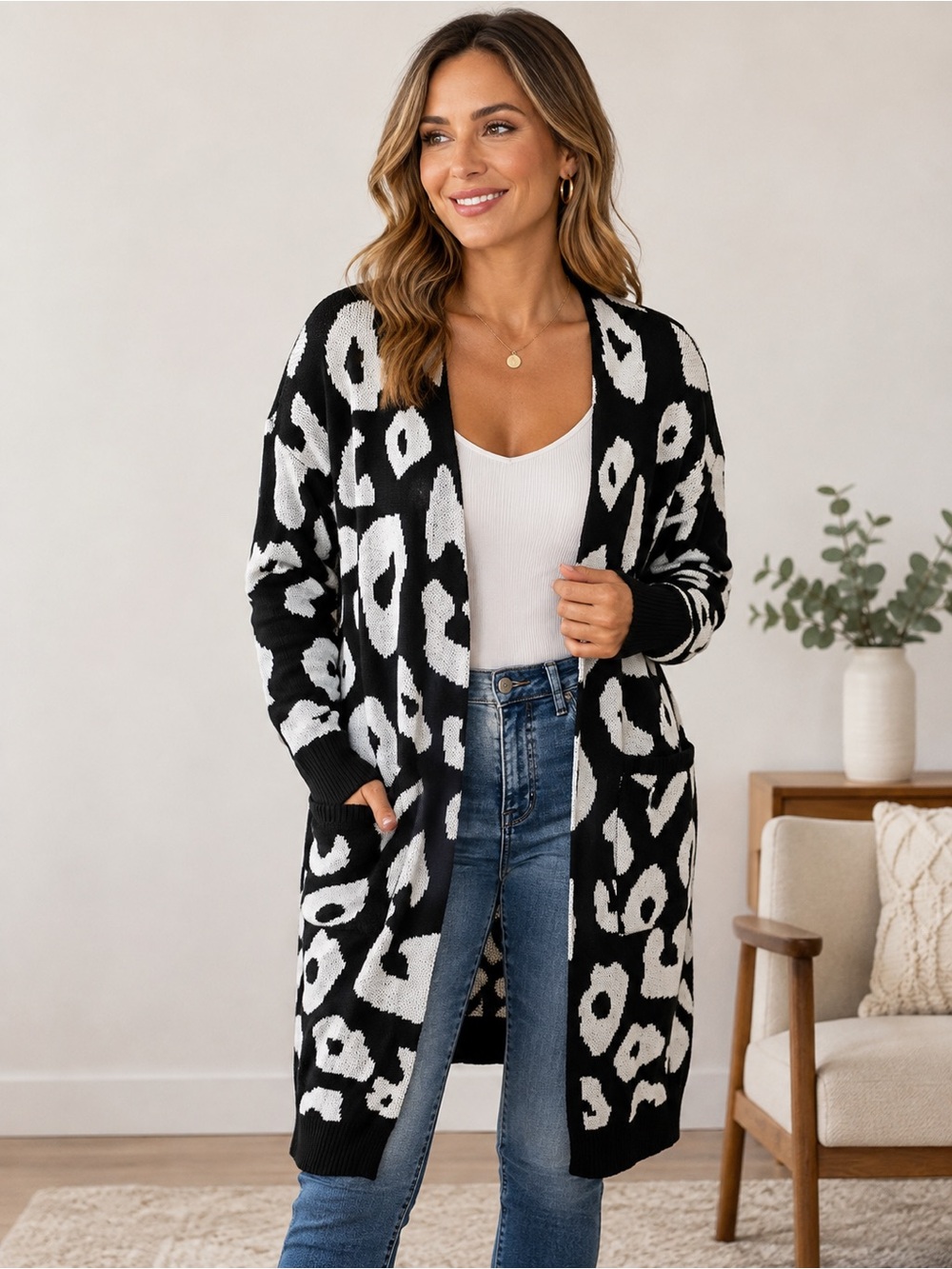 Angashion Black White Leopard Print Long Cardigan Size Large Open Statement Knit